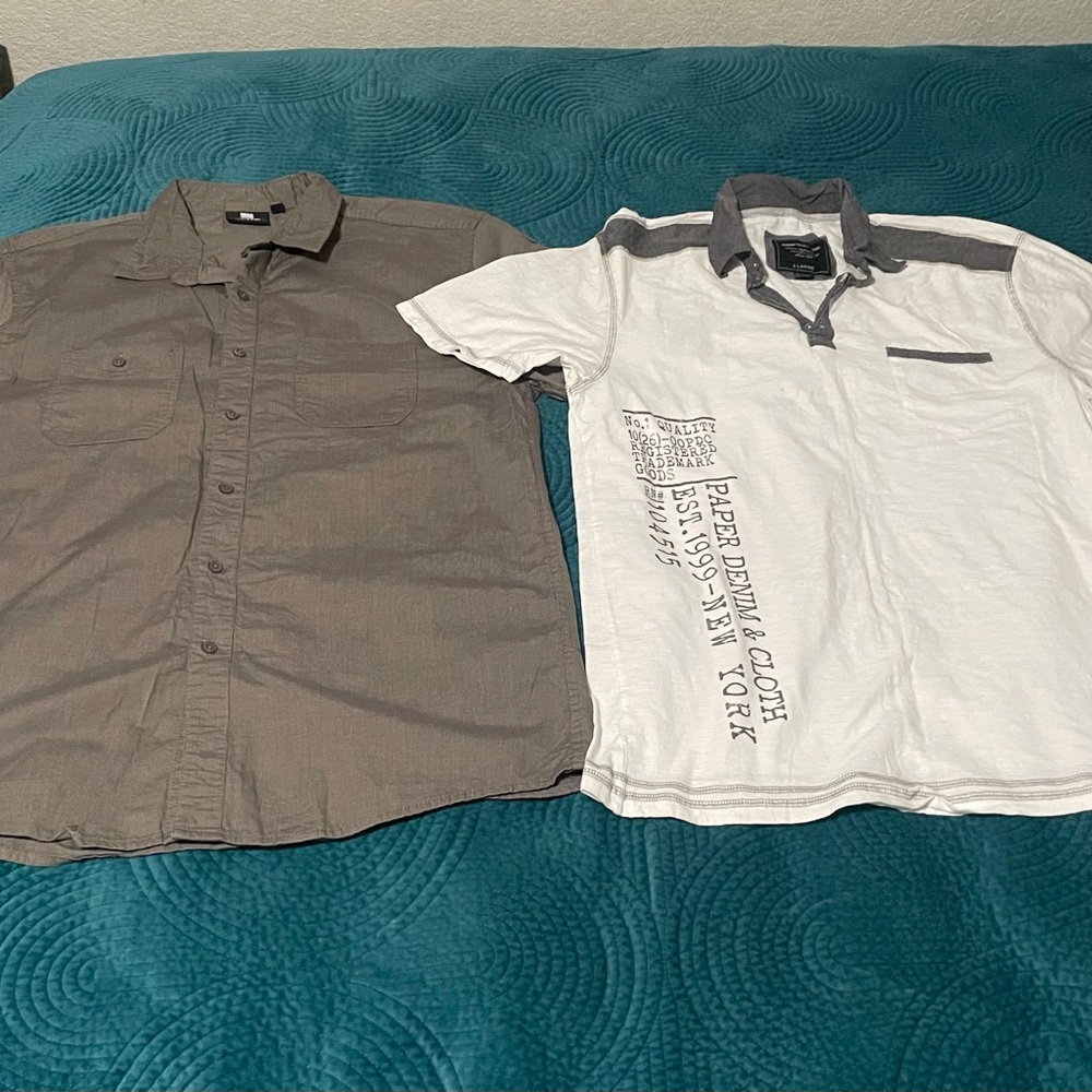 Men’s Gray ELXR Button Up & White Paper Denim & Cloth Polo- XL